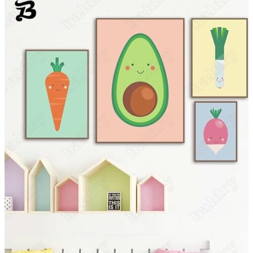 Canvas Painting Wall Art Vegetable Fruit Nursery Carrot Green Onion Cartoon Posters and Prints Wall Pictures for Kitchen Decor