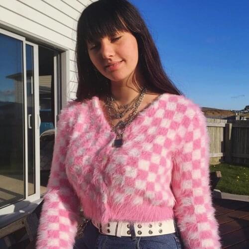 Kawaii mohair pink cardigans women crop sweaters Casual argyle sweater coat winter ladies korean sweater 2020