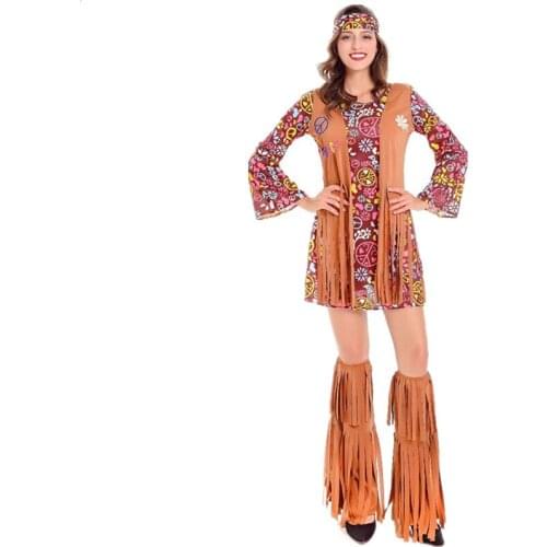 Adult Women 60s 70s Retro Funny Hippie Tassel Floral Printed Costume Dress Indian Native Hippy Brown Costume