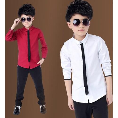 Boys Red Shirts Spring 2019 Classic Solid White Tops Cotton Long Sleeve Shirt for 4-14Yrs Autumn Kids Clothes