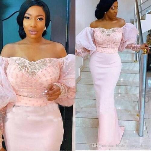 2020 New Nigerian Lace Evening Dresses Off the Shoulder Puff Sleeves African Arabic Formal Celebrity Prom Mother Gowns