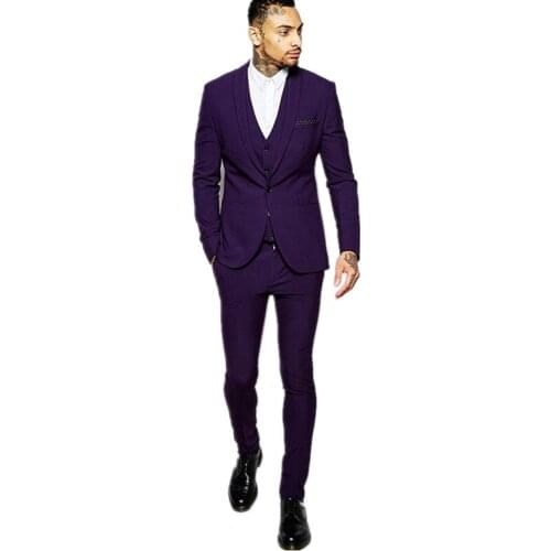 New Suit Jacket With Square Hem In Purple Man Suit Custom Made Tuxedos Groomsman Dinner Suits (Jacket+Pants+Vest)