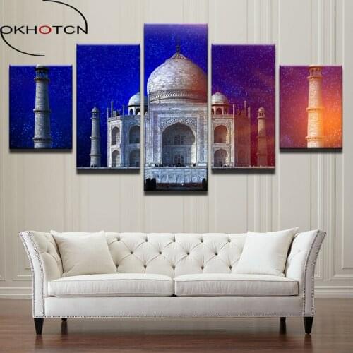 OKHOTCN Painting On The Canvas 5 Panel Taj Mahal Building Starry Sky Landscape Wall Pictures For Modern Home Wall Art Framed