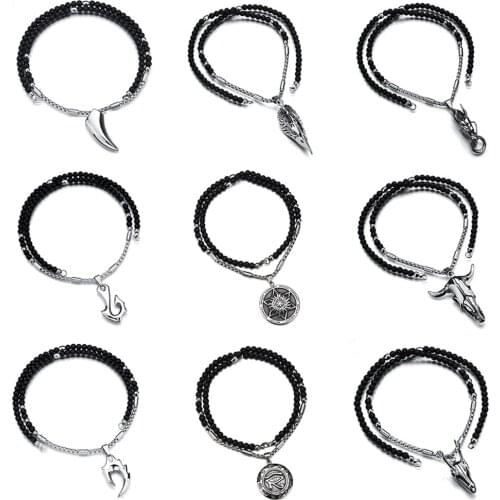 Wolfs Fang Eagle/Cow/Dragon/Deer/Head Eye Hexagram Pendant Necklaces Stainless Steel with Glass Beads Necklace