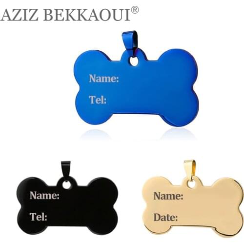 Free Engraving Stainless Steel Bone Pendants Pet ID Tag Laser Engrave Name Tel Tag Cat Dog Puppy Charms Blue Black Gold Color