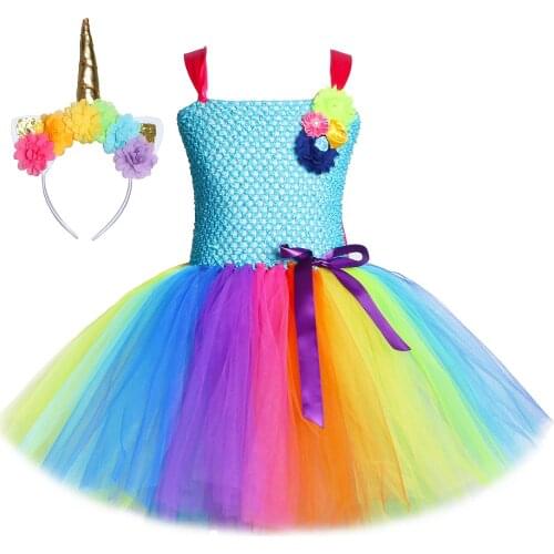 Rainbow Unicorn Princess Dresses for Girls Birthday Tutu Dress Toddler Baby Girl Unicorn Costume Kids Halloween Flower Headband