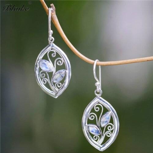 Blaike Eden Leaf Moonstone Drop Earrings for Women Vintage Silver Color Boho Dangle Jewelry Birthstone Party Gifts
