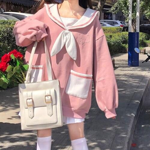 Sweet Kawaii Sailor Collar Bow Pullover Japanese Soft Girl Sweatshirt Cute Full Sleeve Cotton Bear Ears Embroidery Sweatshirts