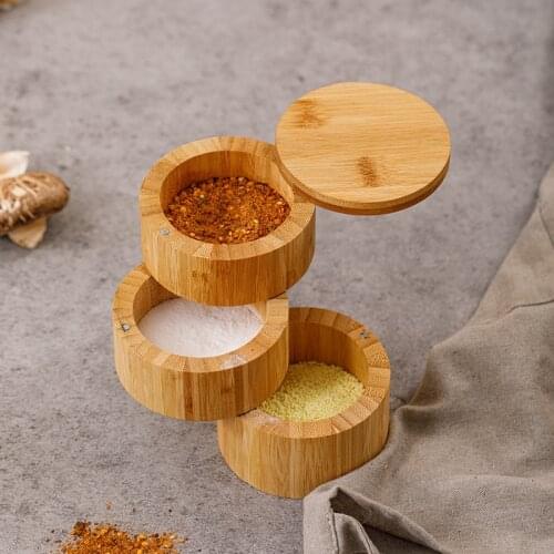 Three-layer bamboo-wood spice box, magnetic rotatable spice jar condiment dispenser bamboo spice organizer