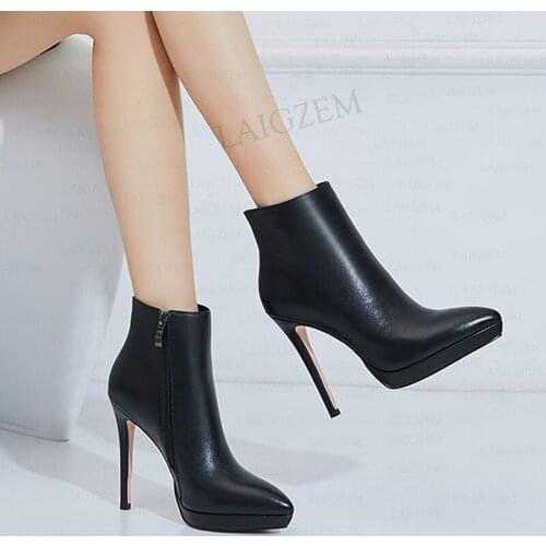 LAIGZEM Women Ankle Boots REAL LEATHER Side Zip Thin High Heels Booties Pointed Toe Dress Ladies Female Shoes Woman Size 33 41