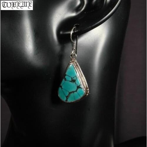 Old Handmade Nepal 925 Silver Turquoise Earrings Vintage 925 Sterling Bohemia Women Earrings Ethnic Tribal Dangle Earrings
