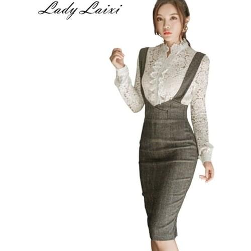 Women 2 Pieces Set Womens Lace Top blouse and Elegant Party Evening Sheath Vestidos Autumn Winter Korean OL Pencil Bodycon Dress