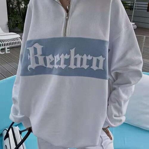 Vintage Zipper Polo Collar Pullover Splicing White Oversized Sweatshirt Women Long Sleeve High Street Casual Autumn Hoodie Women