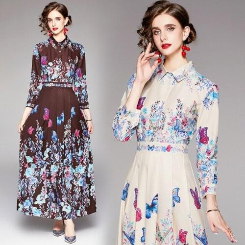 New Spring Summer Fall Autumn Runway Vintage Floral Print Collar Long Sleeve Women Ladies Party Casual Beach A-Line Maxi Dress