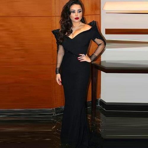 Arabic 2021 New Black Off The Shoulder Sheath Long Sleeve Formal Robe De Soiree Party Gown Dubai navy blue Celebrity Dresses