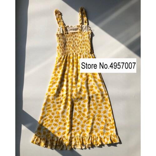 ElfStyle Silk & Viscose Women Yellow Daisy Holiday Beach Lazy Style Fashion Strap Midi Dress With Ruffle Detail