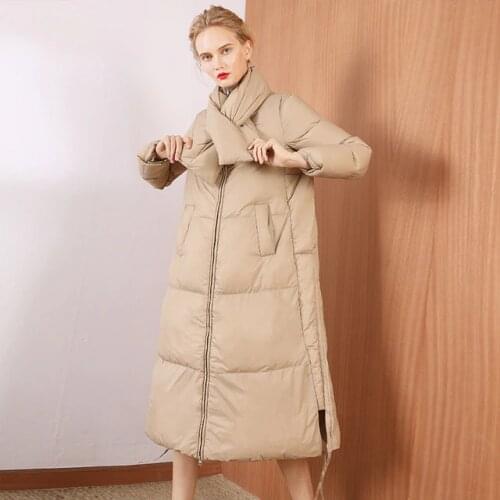 Winter X-long thick warm down coat female knit high collar stitching warm fluffy duck down coat with down scarf for cold F232