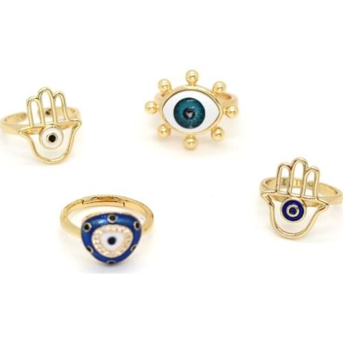 1PC Metal Hollow Fatima Hand Evil Eye Open Ring For Women Vintage Ethnic Shiny Rhinstone Blue Eye Finger Ring Turkish Jewelry