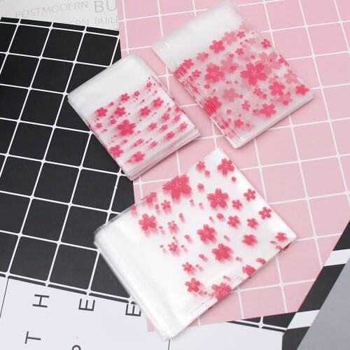 100pcs/Lot Lovely Pink Cherry Blossoms Cookie Candy Self-Adhesive Bags Useful Party Gift Packing Bags Kids Birthday Cookie Bags