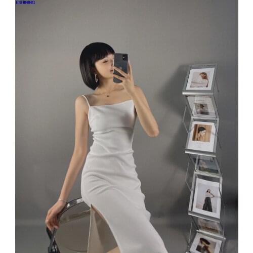 2021 Suspender skirt small square neckline side slit design, sexy silk dress