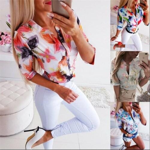 2019 Fashion Women Flowers Blouses Half Sleeve Slim Shirts OL Ladies Plain Button Blouse V-Neck Single Breasted Women Shirts
