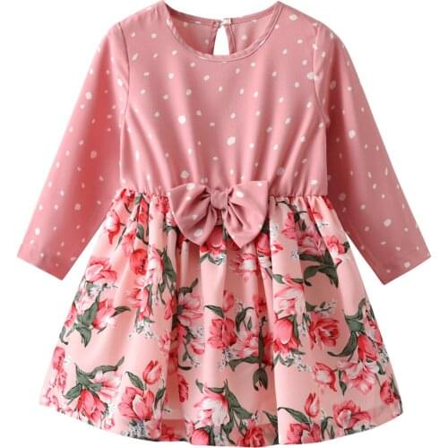 Kids Girls Foral Print Dress Dot Pattern Pink Bow Dresses 2021 New Arrival Children Party Dress Spring Autumn Clothing