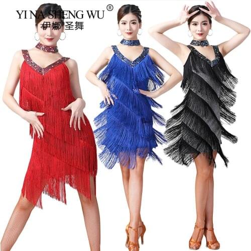 Women Performance Dance Wear Ballroom Dress Samba Costume Party Dresses Sheer Mesh Stretchy Fringes Latin Dress (with Necklace)