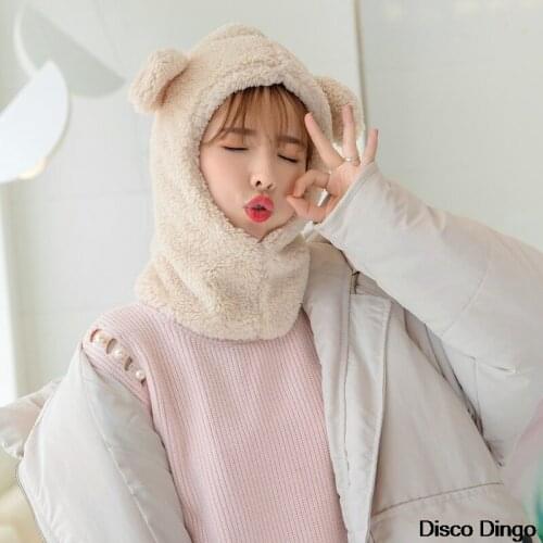 Ins - Windproof Bear Ears Warm Hat Neck Scarf Women Cashmere Beanie