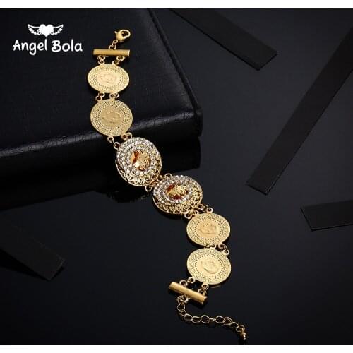 Islamic Muslim Fashion Luxury Jewelry Women Gold Coin Bracelet Turkish Coin Crystal Charm Bracelet Party Holiday Gift Wholesale