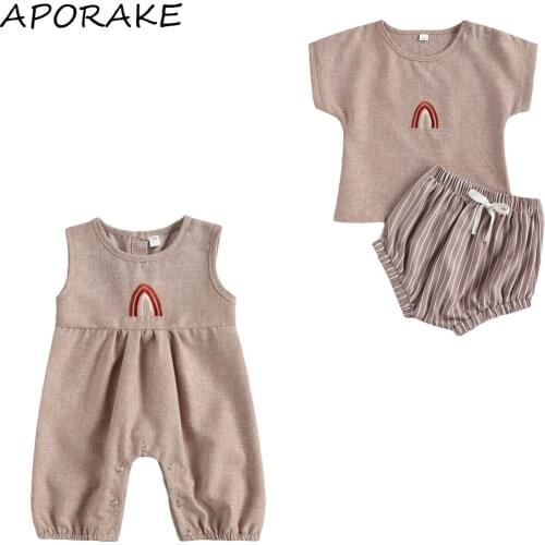 2021 0-24M Infant Baby Girl 2pcs Set/Romper Rainbow Embroidery Short Sleeve Top+Striped Shorts/Sleeveless Jumpsuit Summer Outfit