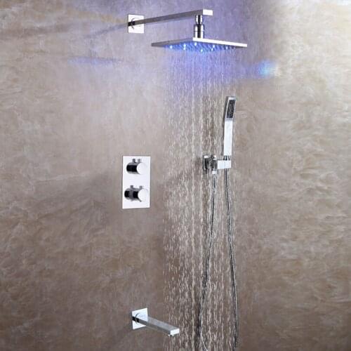 DULABRAHE Bathroom Shower Faucet Set Concealed Thermostatic Bath Shower Mixer System 8 Inch Brass LED Rain Shower Head