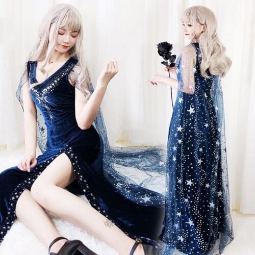 Halloween Costume Starry Sky Goddess Long Skirt Cloak Dress Witch Vampire Fancy Dress Party Cosplay Costume