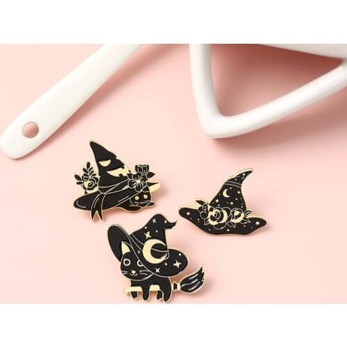 Creative Gothic Dark Magician Badge Sun Moon Witch Hat Cat Enamel Brooch Punk Personality Lapel Backpack Jewelry Gift