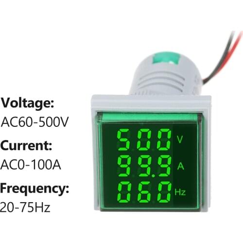 Square Digital Voltammeter Ammeter Voltmeter Cymometer Display Voltage & Current & Frequency Meter AC60-500V AC0-100A 20-75Hz