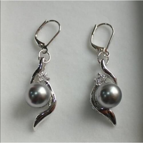 Fashion temperament womens silver plated metal inlaid white zircon + 10 mm gray Shell Pearl Earrings