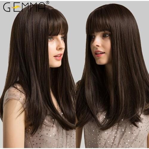 GEMMA Black Dark Brown Long Straight Bob Synthetic Wigs with Bangs Cosplay Party Daily Heat Resistant Hair Wigs for Black Women