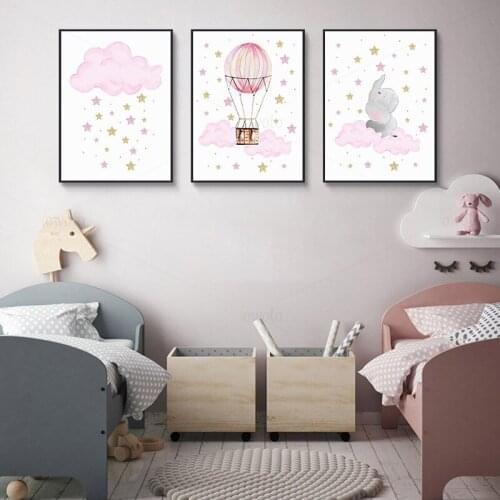 Pink Little Stars Cloud Art Print Baby Elephant Kids Poster Hot Air Balloon Canvas Paintings In The Bedroom Nursery Wall Art