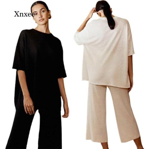 Casual Half Sleeves t Shirt Two Piece Set Womens High Waist Cropped Trousers Outfits Summr Wide Leg Pants Suits Female Tracksuit