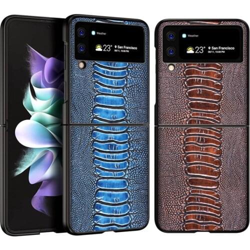 2 in 1 Luxury Retro Genuine Leather Phone Case for Samsung Galaxy Z Flip3 Flip 3 5G Vintage Ostrich Feet Skin Armor Back Cover