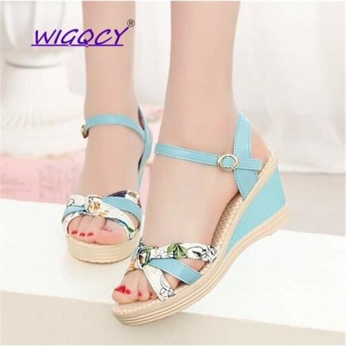 Peep Toe Print Wedge Platform sandals women 2019 summer shoes woman High heel Riband Mixed Colors Buckle Strap female shoes