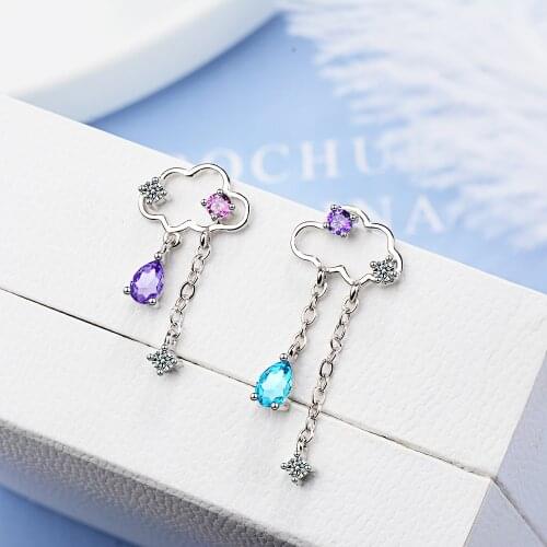 925 Sterling Silver Asymmetric Cloud Earrings Silver Color Colored Zircon Water Drop Tassel Earring For Women oorbellen S-E810