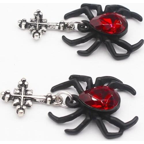 Rock Punk Black Spider Asymmetry Tassel Dangle Earrings Black Insect Red Glass Drop Earrings Gifts For Women Jewelry Halloween