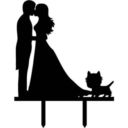 Wedding Bride Groom With Cat Cake Flag Toppers Black White Shiny Gold Silver For Wedding Engagement Party Cake Baking Decor