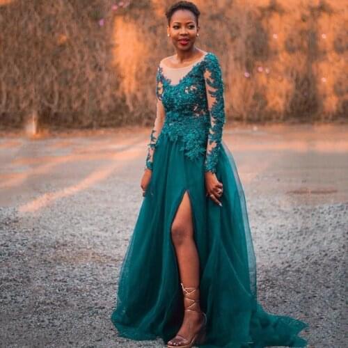 Teal Green Appliques Prom Dresses 2021 Long Sleeves Split Side A Line Formal Evening Dress Robe De Soiree
