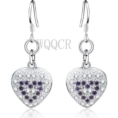 Womens Cute Love Heart Earrings 925 Sterling Silver colorBrinco CZ Rhinestone Zircon Earrings Girl Earring Jewelry