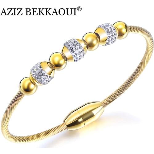 AZIZ BEKKAOUI Crystal Charm Bangles for Women Rose Gold Stainless Steel Bracelets for Women Lucky Bracelet Fashion Jewelry Gift