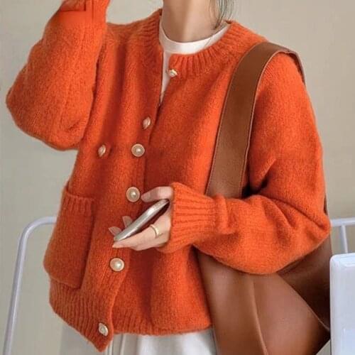 Vintage Soft Warm Women Knitted Cardigans Loose Elegant O-neck Full Sleeve Single-breasted Pocket Female Sweaters Tops 2021