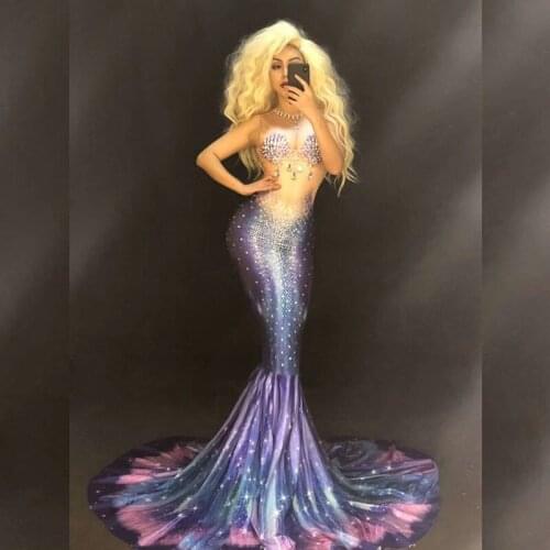 Luxury Crystal Pearls Women Evening Trailing Dress Wedding Party Sexy Long Mermaid Dress Birthday Celebration Floor Length Dress