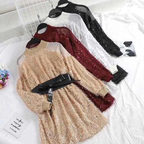 Women Lantern Sleeve Tassels Bling Sequined Ruffles PU Belt Bow Dress Vintage Bandage Strap Short Elastic Pullover Mini Dresses