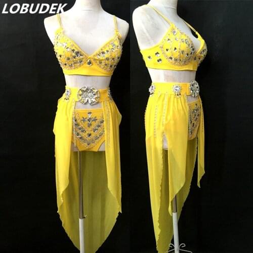 4 Colors Rhinestones Bikini Tailing 3 Pieces Set Leading Dance Team Jazz DS Outfit Sexy Female Nightclub DJ Singer Stage Costume